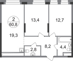 Планировка двухкомнатной(квартира) площадью 60.8 квадратных метров в “ЖК Первый Московский”