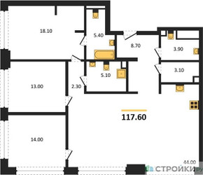 Планировка трехкомнатной(квартира) площадью 117.6 квадратных метров в ЖК “ЖК СТОУН Грэйн”