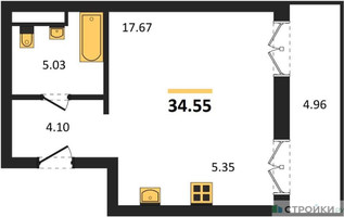 Планировка студии(квартира) площадью 34.55 квадратных метров в “ЖК Одинбург”