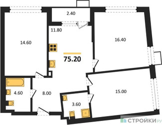 Планировка трехкомнатной(квартира) площадью 75.2 квадратных метров в ЖК “ЖК Деснаречье”