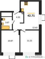 Планировка двухкомнатной(квартира) площадью 42.71 квадратных метров в “ЖК Новоград Павлино”