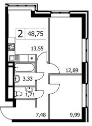 Планировка двухкомнатной(квартира) площадью 48.75 квадратных метров в ЖК “ЖК Городские Истории”