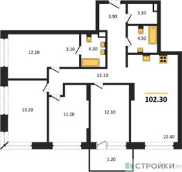 Планировка 4+ комнатной(квартира) площадью 102.3 квадратных метров в ЖК “ЖК Portland (Портланд)”