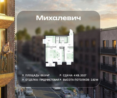 Планировка трехкомнатной(квартира) площадью 68.9 квадратных метров в “ЖК Михалевич”