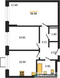 Планировка двухкомнатной(квартира) площадью 52.32 квадратных метров в ЖК “ЖК Квартал Западный”
