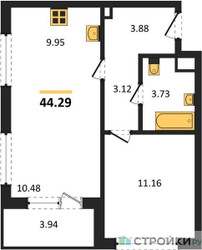 Планировка однокомнатной(квартира) площадью 44.29 квадратных метров в ЖК “ЖК Одинград. Квартал Семейный”