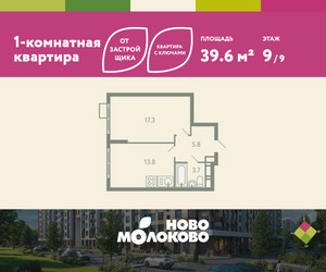 Планировка однокомнатной(квартира) площадью 39.6 квадратных метров в ЖК “ЖК Ново-Молоково”