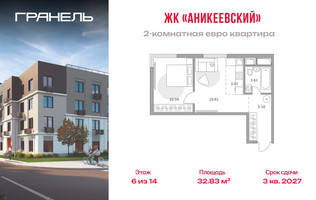 Планировка двухкомнатной(квартира) площадью 32.83 квадратных метров в “ЖК Аникеевский”