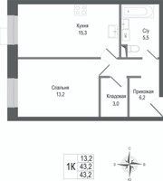 Планировка однокомнатной(квартира) площадью 43.2 квадратных метров в “ЖК КИНОКВАРТАЛ”