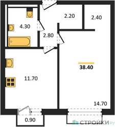 Планировка однокомнатной(апартаменты) площадью 38.4 квадратных метров в ЖК “ЖК Равновесие”