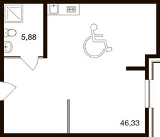 Планировка однокомнатной(апартаменты) площадью 52 квадратных метров в “ЖК М1 Сколково”