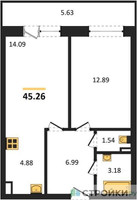 Планировка однокомнатной(квартира) площадью 45.26 квадратных метров в “Зеленый Оазис - Город”