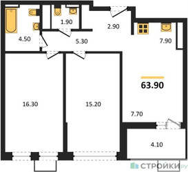 Планировка двухкомнатной(квартира) площадью 63.9 квадратных метров в ЖК “ЖК Скандинавия”