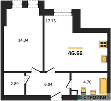 Планировка однокомнатной(квартира) площадью 46.66 квадратных метров в “ЖК Sezar City (Сезар Сити)”