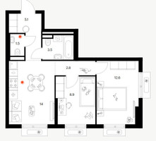 Планировка двухкомнатной(квартира) площадью 48.4 квадратных метров в “ЖК Восточное Бутово”