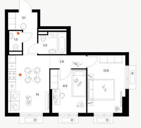 Планировка двухкомнатной(квартира) площадью 48.4 квадратных метров в ЖК “ЖК Восточное Бутово”