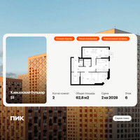 Планировка двухкомнатной(квартира) площадью 62.8 квадратных метров в “ЖК Кавказский бульвар 51”