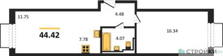 Планировка однокомнатной(квартира) площадью 44.42 квадратных метров в “ЖК Рублевский Квартал”
