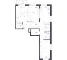 Планировка трехкомнатной(квартира) площадью 77.8 квадратных метров в “ЖК Мытищи Парк”