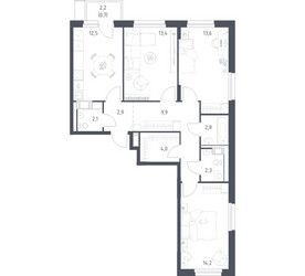 Планировка трехкомнатной(квартира) площадью 77.8 квадратных метров в ЖК “ЖК Мытищи Парк”