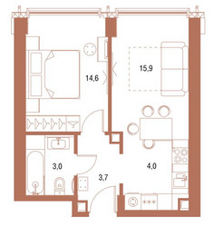 Планировка однокомнатной(квартира) площадью 40.6 квадратных метров в ЖК “ЖК Symphony 34 (Симфония 34)”