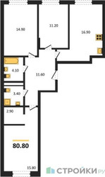 Планировка трехкомнатной(квартира) площадью 80.8 квадратных метров в ЖК “ЖК Детали”
