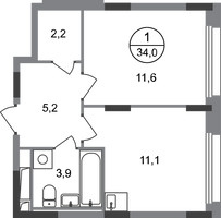 Планировка однокомнатной(квартира) площадью 34 квадратных метров в “ЖК Переделкино Ближнее”