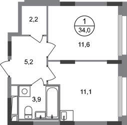 Планировка однокомнатной(квартира) площадью 34 квадратных метров в ЖК “ЖК Переделкино Ближнее”