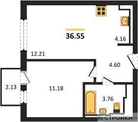 Планировка однокомнатной(квартира) площадью 36.55 квадратных метров в ЖК “ЖК Остафьево”