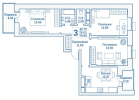 Планировка трехкомнатной(квартира) площадью 79.95 квадратных метров в “ЖК Новоград Монино”