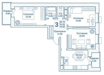 Планировка трехкомнатной(квартира) площадью 79.95 квадратных метров в ЖК “ЖК Новоград Монино”