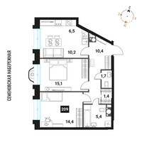 Планировка трехкомнатной(квартира) площадью 65.1 квадратных метров в “ЖК Интеллигент”