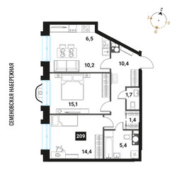 Планировка трехкомнатной(квартира) площадью 65.1 квадратных метров в ЖК “ЖК Интеллигент”