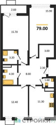 Планировка трехкомнатной(квартира) площадью 79 квадратных метров в ЖК “ЖК Прокшино”