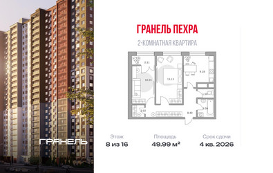 Планировка двухкомнатной(квартира) площадью 49.99 квадратных метров в ЖК “ЖК Пехра”