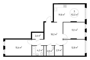 Планировка трехкомнатной(квартира) площадью 92 квадратных метров в ЖК “ЖК Переделкино Ближнее”