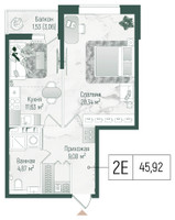 Планировка однокомнатной(квартира) площадью 47.45 квадратных метров в “ЖК Рига Хиллс”
