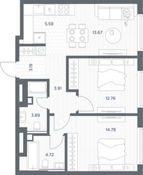 Планировка двухкомнатной(квартира) площадью 62.51 квадратных метров в ЖК “ЖК TATE (Тэйт)”