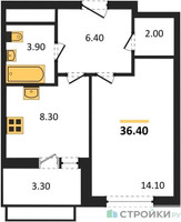 Планировка однокомнатной(квартира) площадью 36.4 квадратных метров в “ЖК Римский”