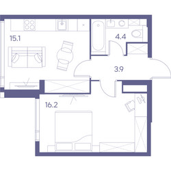 Планировка однокомнатной(квартира) площадью 39.6 квадратных метров в ЖК “ЖК THE LOT by Akvilon”