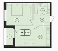Планировка однокомнатной(квартира) площадью 43.4 квадратных метров в “ЖК ОМ”