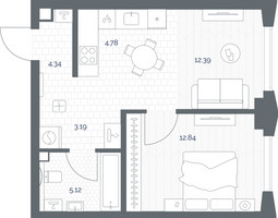 Планировка однокомнатной(квартира) площадью 42.66 квадратных метров в “ЖК TATE (Тэйт)”