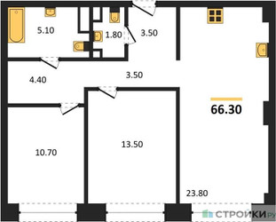 Планировка двухкомнатной(квартира) площадью 66.3 квадратных метров в ЖК “ЖК Архитектурный проект RAKURS (Ракурс)”