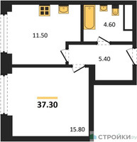 Планировка однокомнатной(квартира) площадью 37.3 квадратных метров в “ЖК Мираполис”