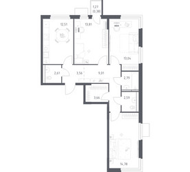 Планировка трехкомнатной(квартира) площадью 78.74 квадратных метров в ЖК “ЖК Мытищи Парк”