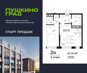 Планировка двухкомнатной(квартира) площадью 47.13 квадратных метров в ЖК “ЖК Пушкино Град”
