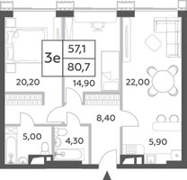 Планировка трехкомнатной(квартира) площадью 80.7 квадратных метров в “ЖК Will Towers (Вилл Тауэрс)”