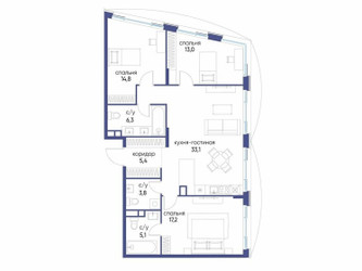 Планировка трехкомнатной(квартира) площадью 98.72 квадратных метров в ЖК “ЖК Остров”