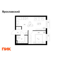 Планировка однокомнатной(квартира) площадью 34.6 квадратных метров в “ЖК Ярославский”