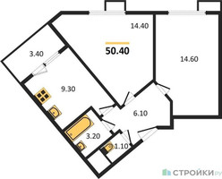 Планировка двухкомнатной(квартира) площадью 50.4 квадратных метров в “ЖК Датский Квартал”